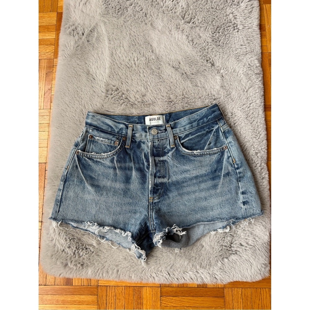 AGOLDE Parker Denim Shorts 25 Blue High Rise Cutoff Distressed Organic Cotton - Picture 3 of 9